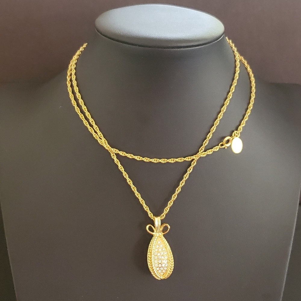 Joan Rivers Pave Crystal Egg Pendant Necklace Gold Plated Vintage Long Chain